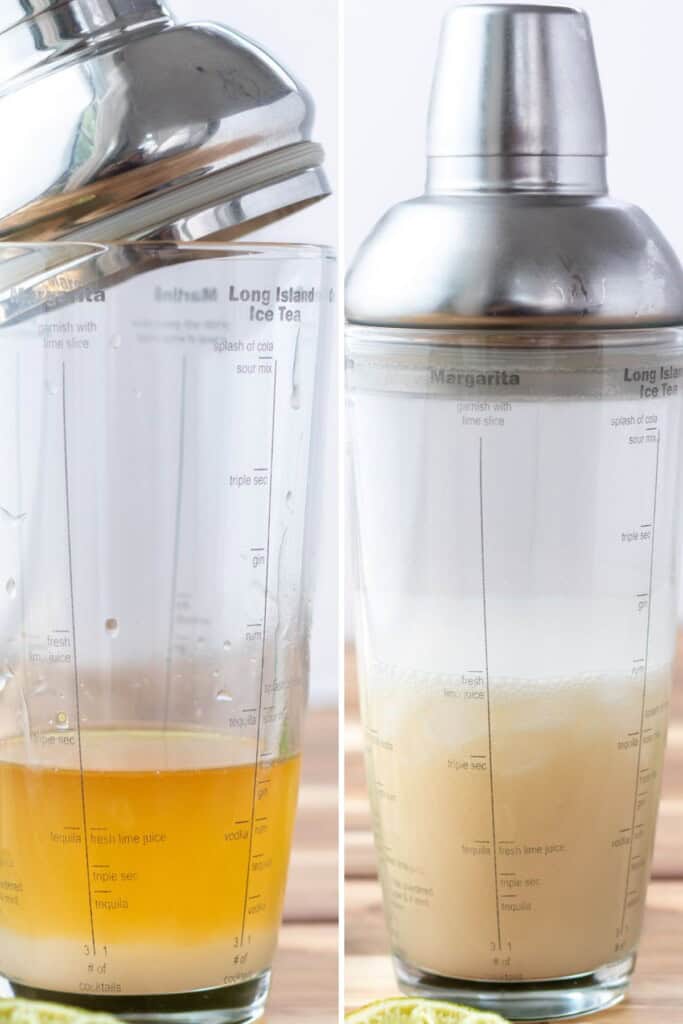 A grid showing adding the ingredients to a shaker and shaking the coconut margarita.