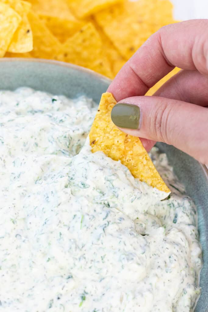 Dipping a tortilla chip into the spinach dip.