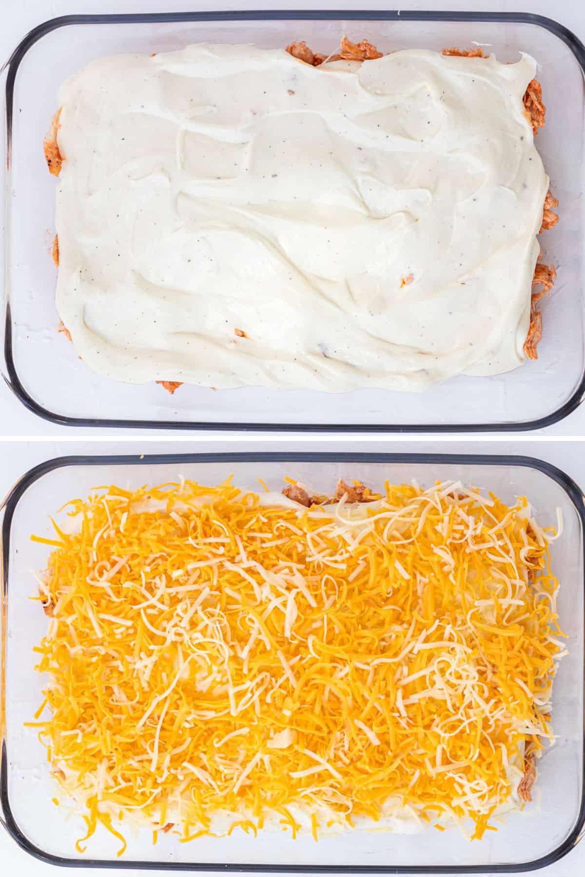 Split-screen photo showing the cheese sauce being spread over the chicken on the top, and adding the remaining shredded cheese over top on the bottom.