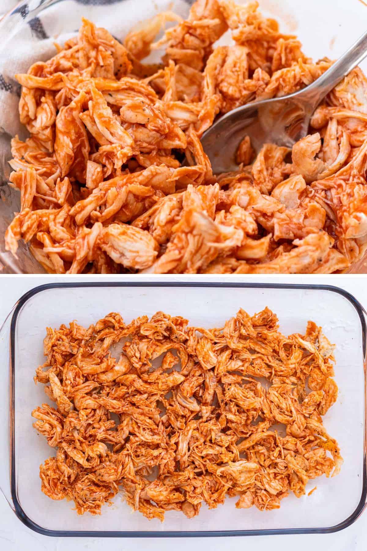 Split-screen photo showing mixing shredded chicken with hot sauce on the top, and spreading the chicken into the bottom of a casserole dish on the bottom.