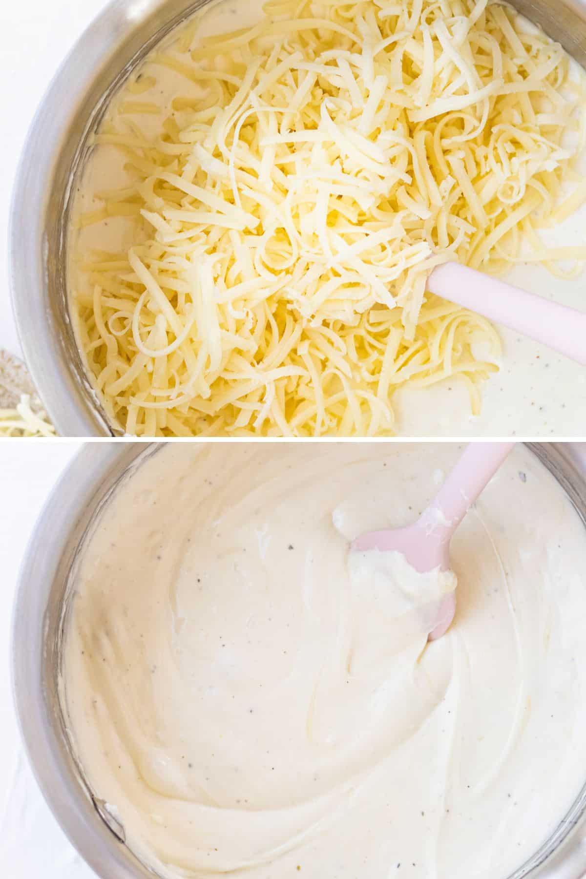 Split-screen photo showing shredded cheese being added to the sauce on top, and the finished, smooth, creamy cheese sauce on the bottom.