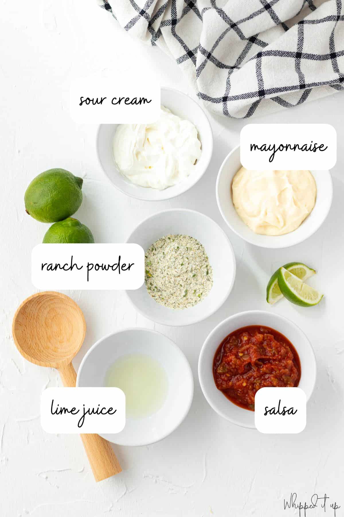 Ingredients include sour cream, mayonnaise, ranch powder, lime juice, and salsa.