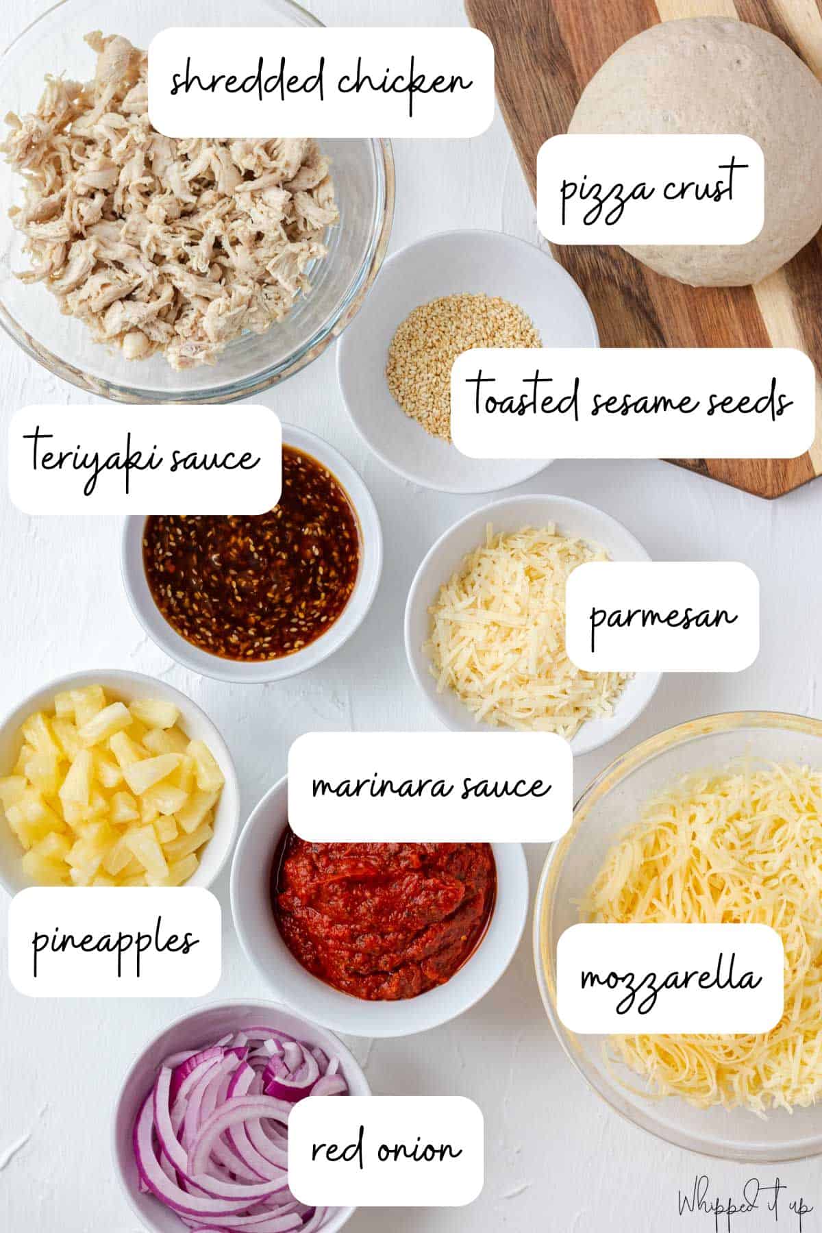 Ingredients for teriyaki chicken pizza measured in small white bowls placed on a white background.