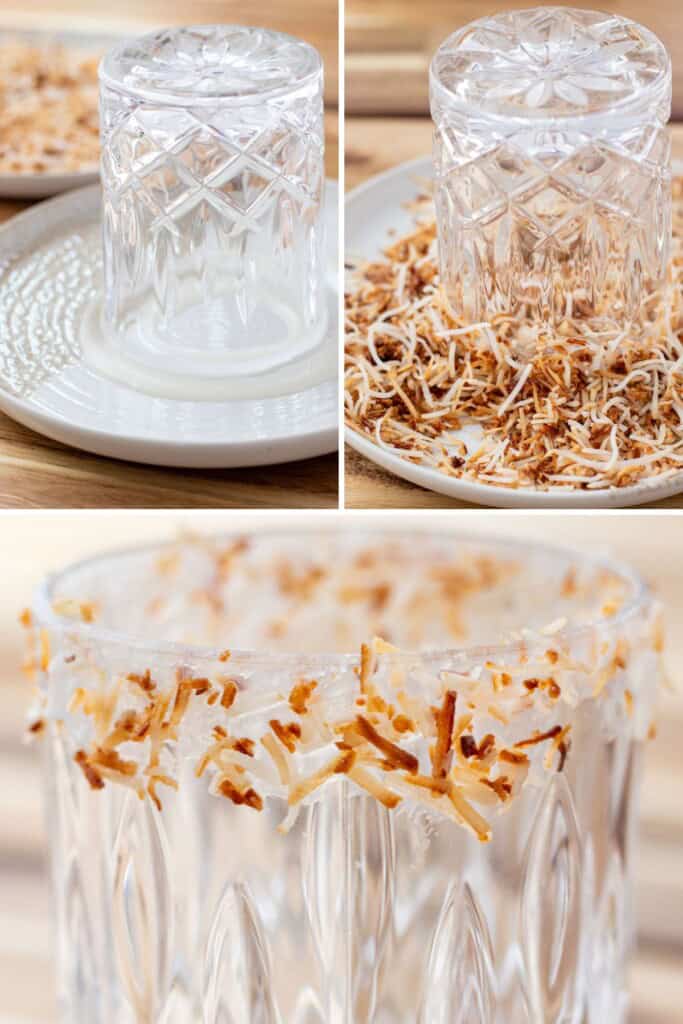A grid with three pictures showing a glass getting rimmed with toasted coconut.