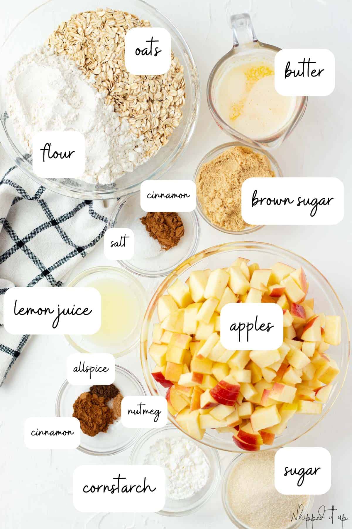 Ingredients for apple crisp include oats, flour, butter, brown sugar, cinnamon, salt, lemon juice, apples, allspice, nutmeg, cornstarch, and sugar.