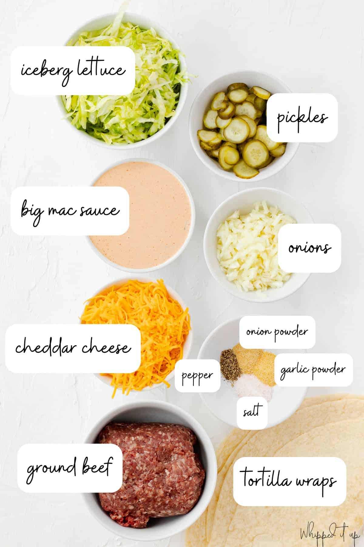 Ingredients include iceberg lettuce, pickles, big mac sauce, onions, cheese, spices, ground beef, and tortillas.