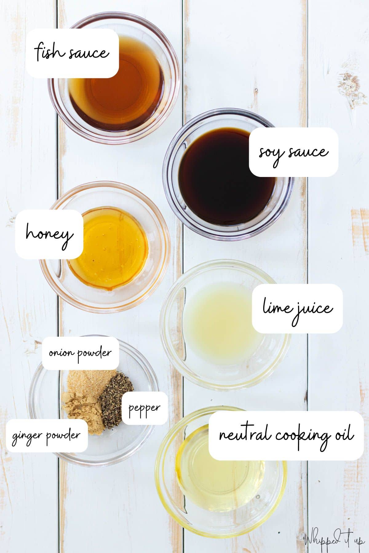 Ingredients for the chicken marinade include fish sauce, soy sauce, honey, lime juice, neutral cooking oil, onion powder, ginger powder, and pepper.