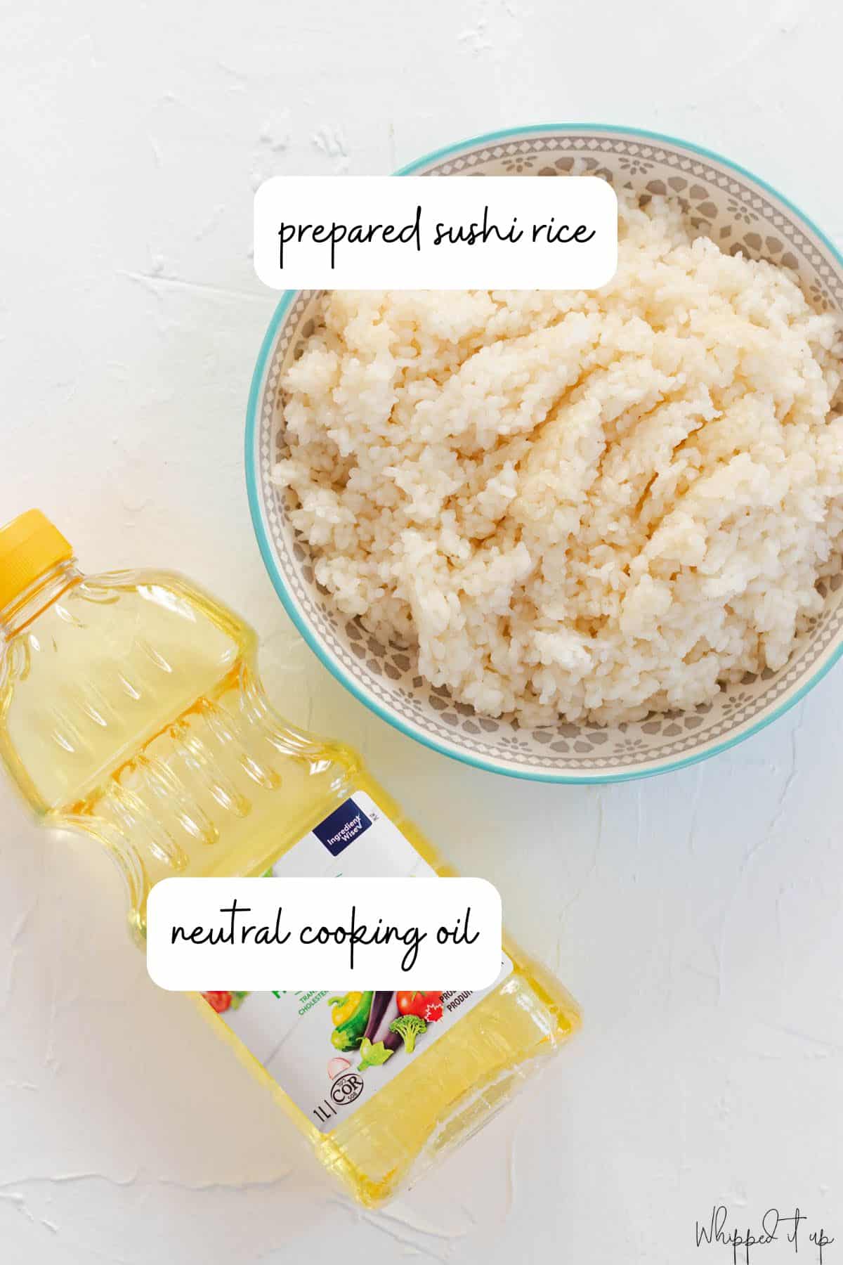 Ingredients include prepared sushi rice and a neutral cooking oil.