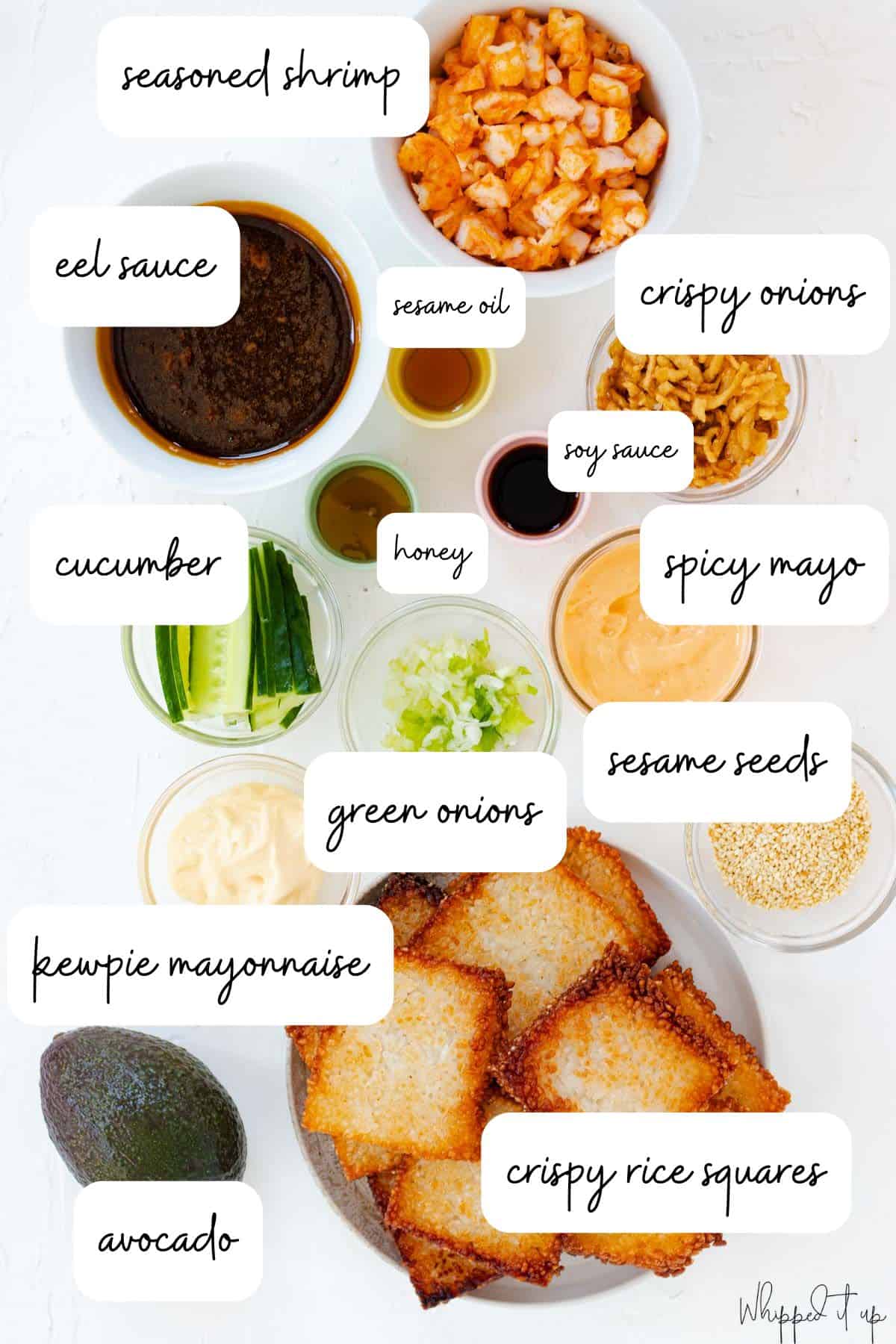 Ingredients include shrimp, kewpie mayo, eel sauce, soy sauce, sesame oil, honey, spicy mayo, avocado, cucumber, green onions, sesame seeds, crispy fried onions, and crispy rice squares.