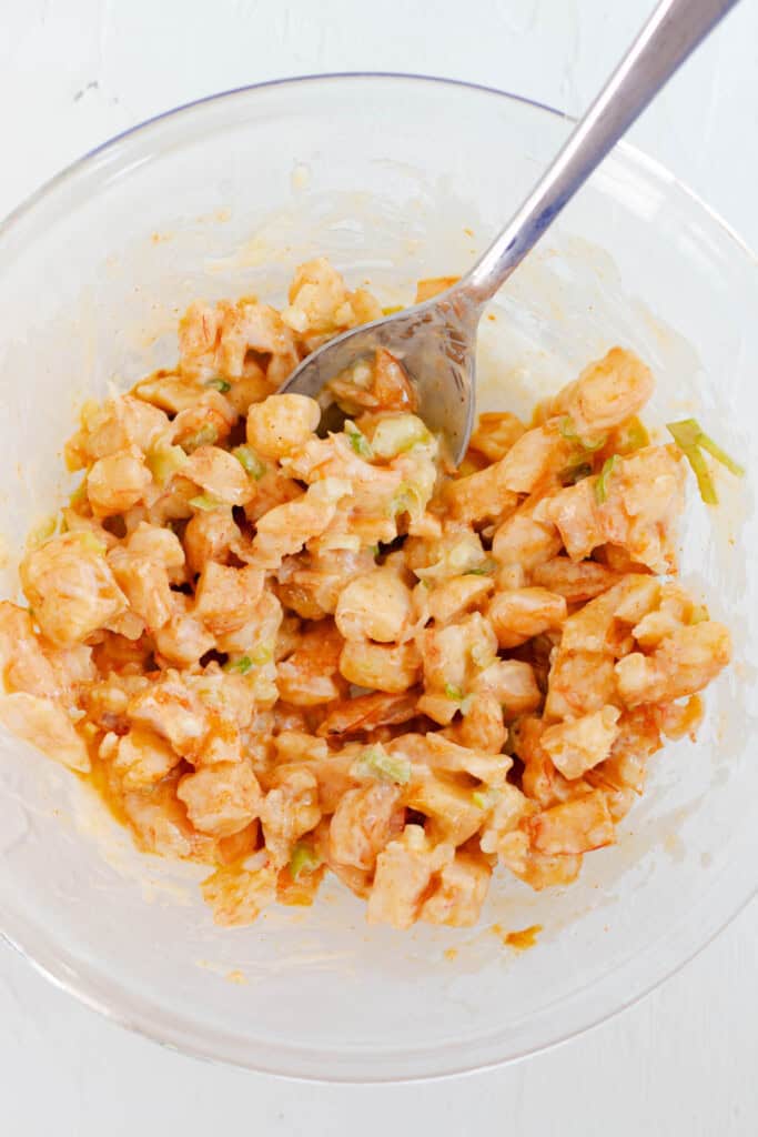 Shrimp stirred with kewpie mayo, soy sauce, sesame oil, green onions, and honey.