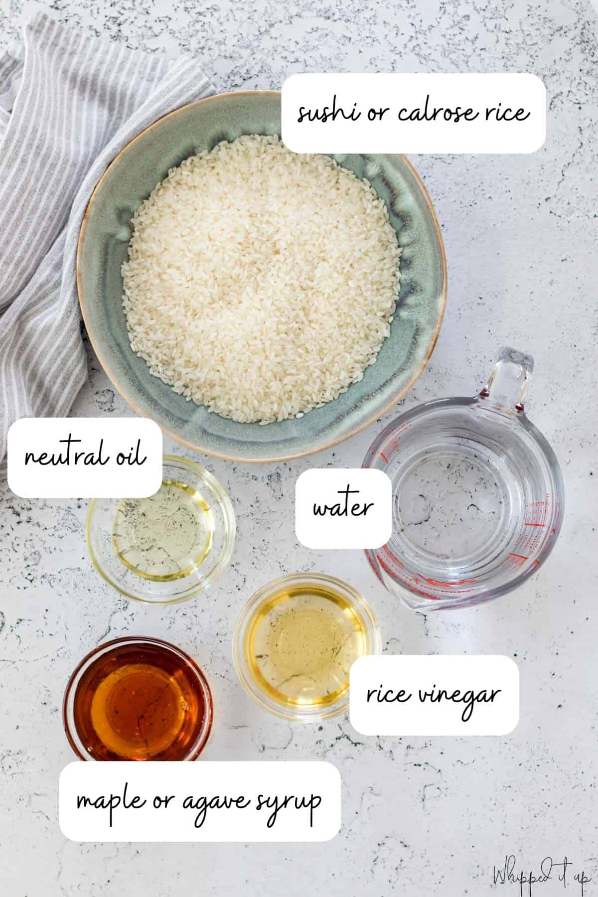 Ingredients to make sushi rice include sushi rice or calrose rice, oil, water, rice vinegar, maple syrup or agave syrup.