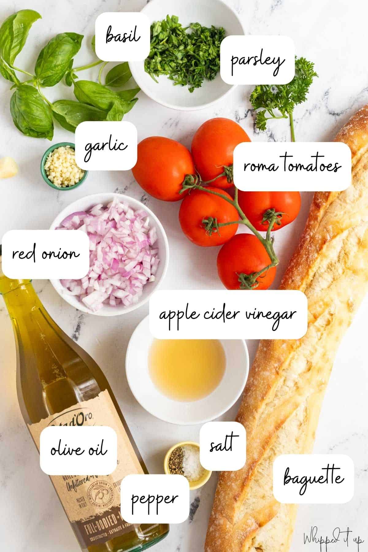 Ingredients include basil, parsley, baguette, roma tomatoes, garlic, onion, olive oil, apple cider vinegar, salt and pepper.