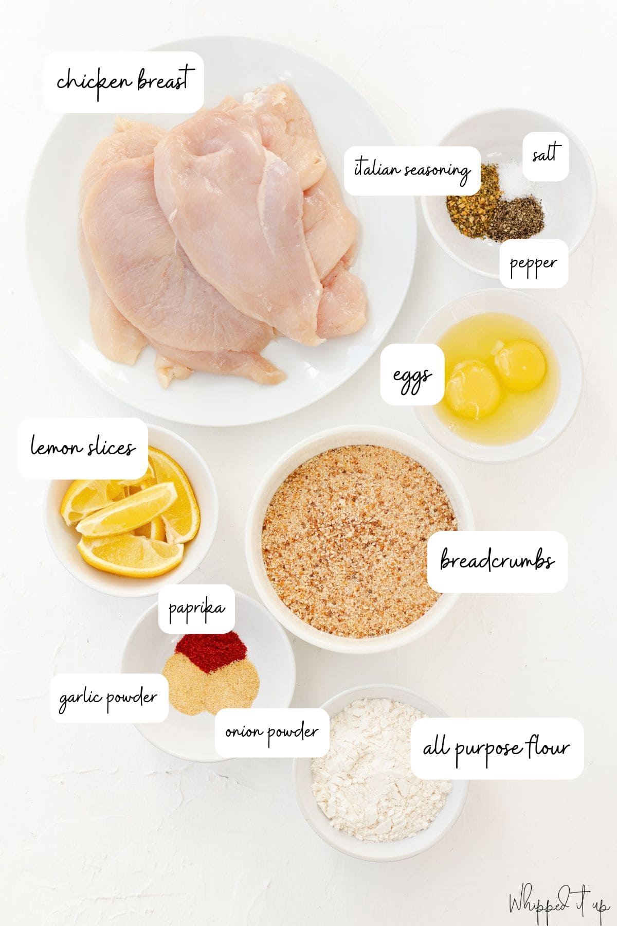 Ingredients to make chicken cutlets include chicken breast, spices, breadcrumbs, eggs, flour, and lemon wedges.