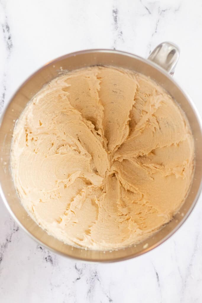 Showing the base of the cookie dough beaten in a mixer bowl.