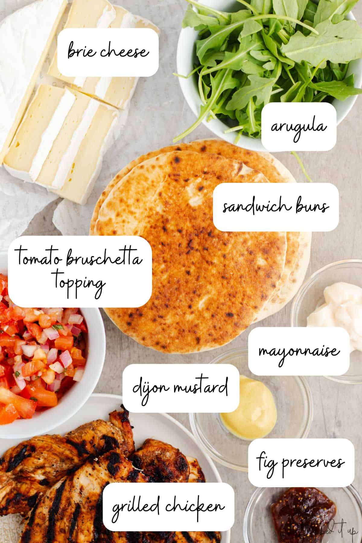 Sandwich ingredients spread out on a grey background.