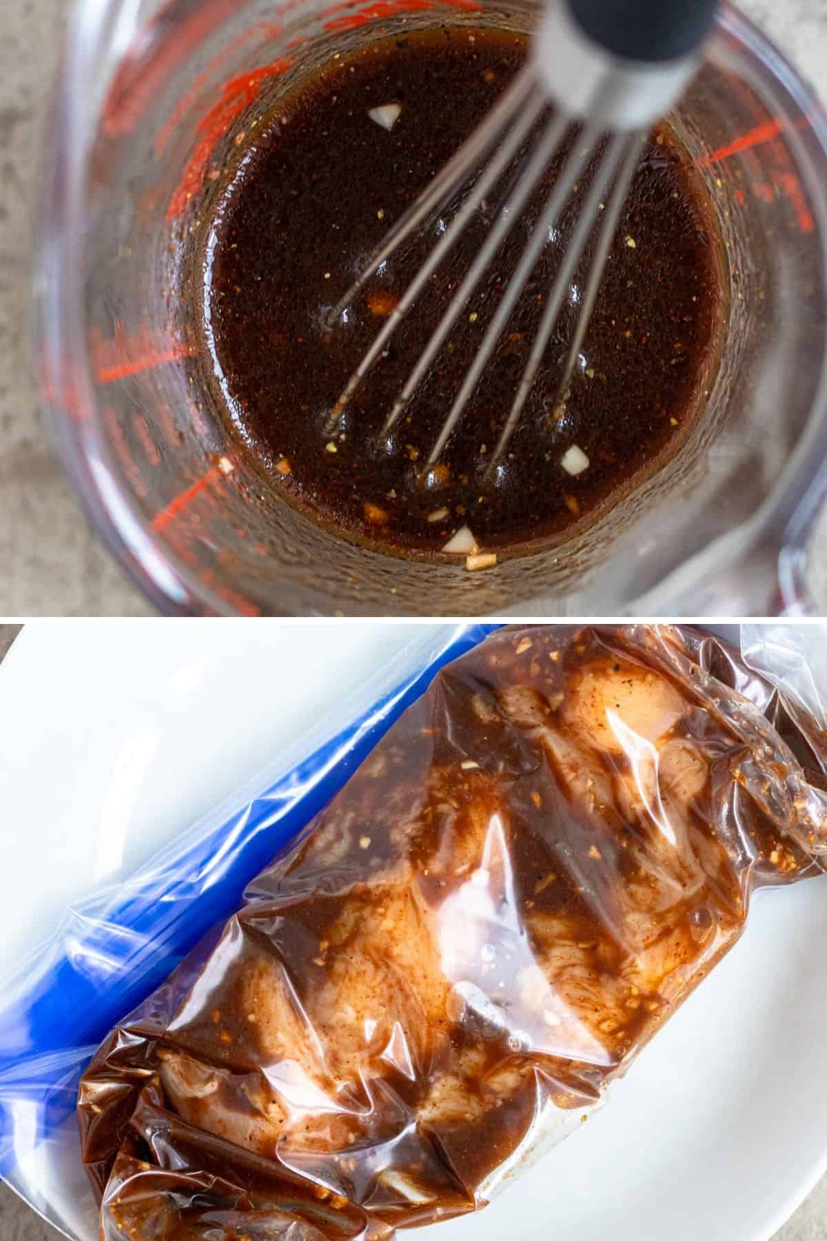 Two images, the top shows whisking together the marinade ingredients and the bottom shows raw chicken breast covered in the prepared marinade in a plastic bag.