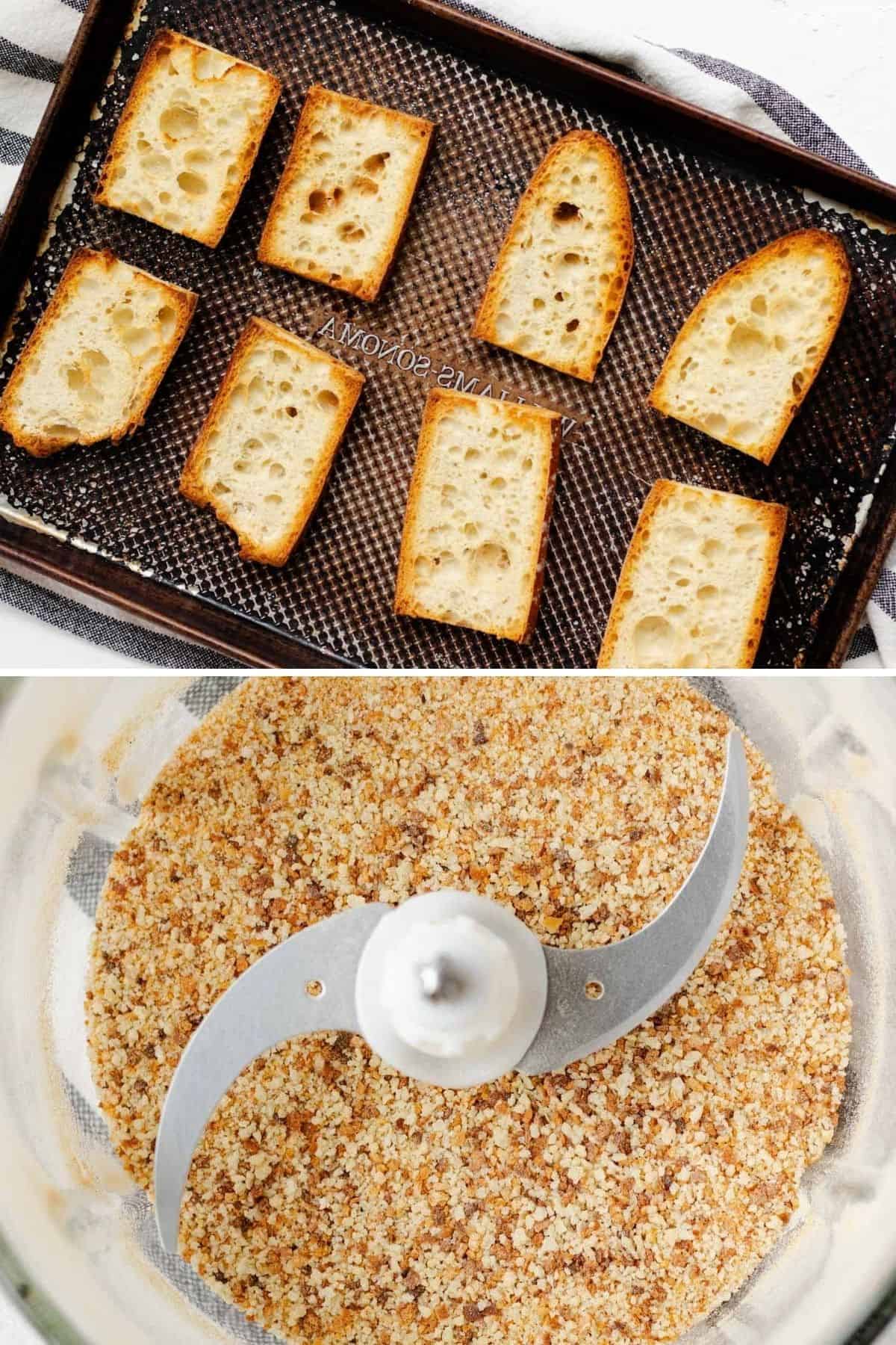 A grid image, top image is showing toasted sourdough baguette, and bottom photo is showing sourdough breadcrumbs in a food processor.