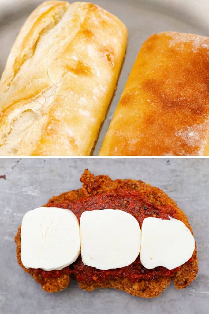 A grid photo showing toasting the baguette in a skillet and melting the mozzarella on top of the cutlet with marinara sauce.