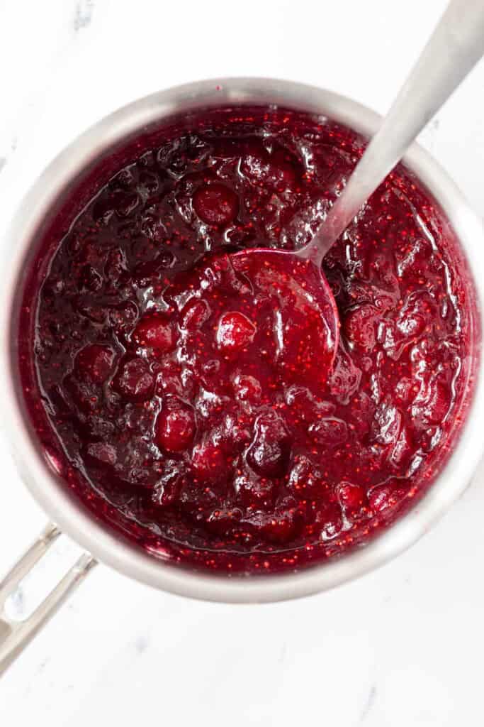 Prepared cranberry sauce in a stainless steel saucepan.