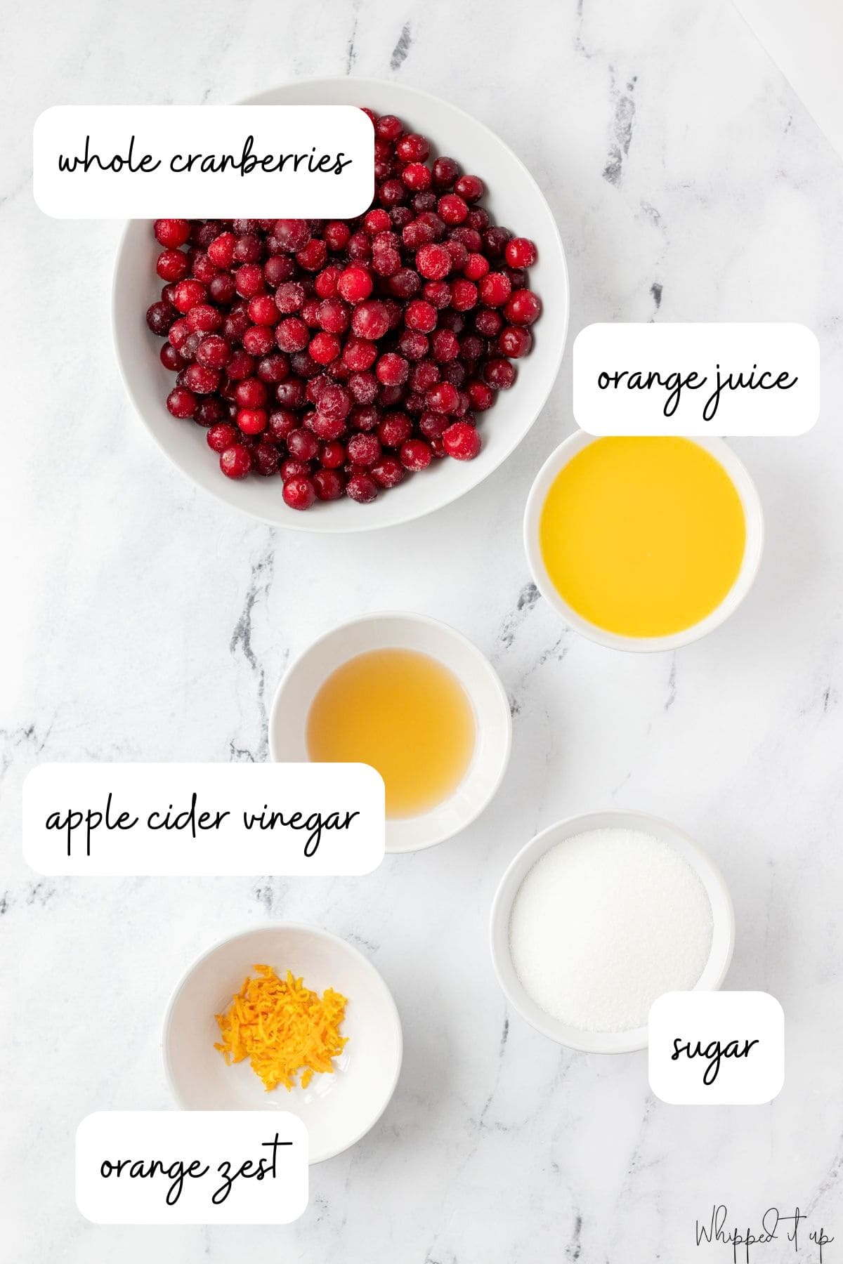 Ingredients include whole cranberries, orange juice, apple cider vinegar, orange zest, and sugar.