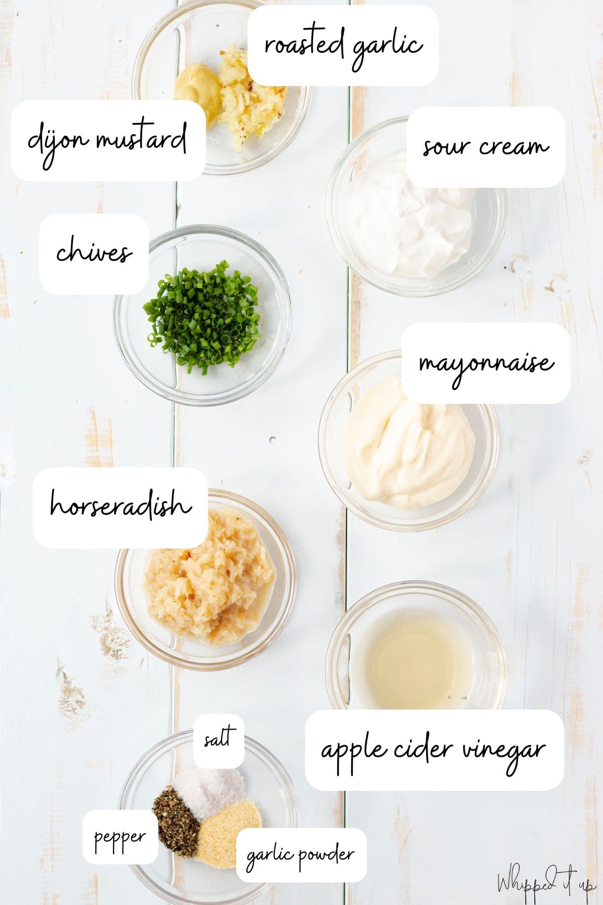 Ingredients include roasted garlic, dijon mustard, sour cream, chives, mayonnaise, horseradish, apple cider vinegar, and spices.