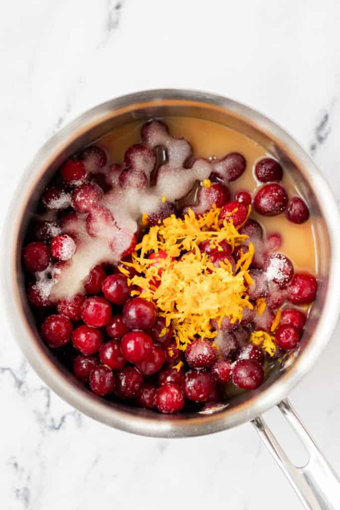 All of the ingredients in a stainless steel saucepan before being cooked.